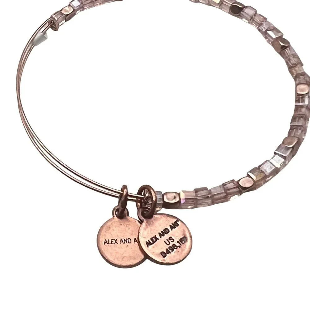 Alex And Ani Rose Gold Bangle Bracelet Balance Bead Soft Pink AB Square NWT - Picture 5 of 5